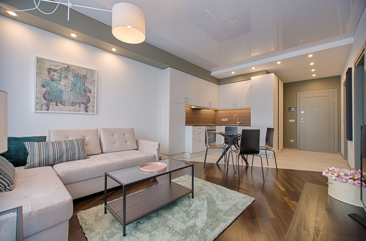 Apartment interior with wide window view